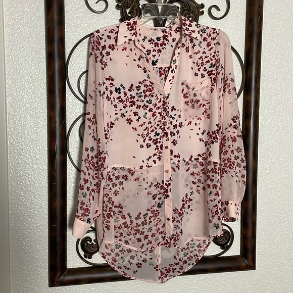Women’s size medium sheer pink, and red candies button-down shirt - Picture 1 of 15